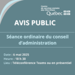 Avis public : Séance ordinaire du conseil d’administration le mardi 6 mai 2025 à 18 h 30