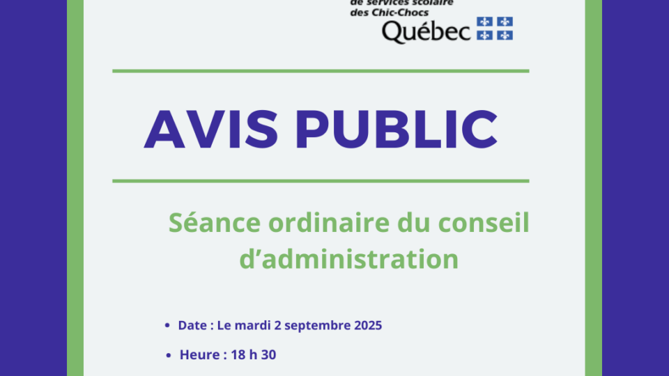 Séance ordinaire du conseil d’administration le mardi 2 septembre 2025 à 18 h 30
