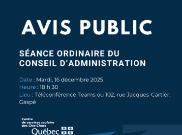 Avis public : Séance ordinaire du conseil d&rsquo;administration le mardi 16 décembre 2025 à 18 h 30