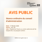 Avis public : Séance ordinaire du conseil d&rsquo;administration le mardi 17 février 2026 à 18 h 30