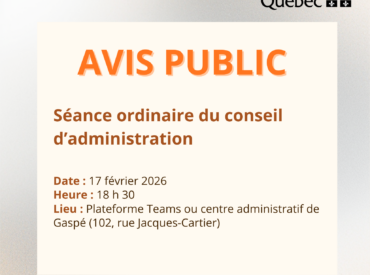 Avis public : Séance ordinaire du conseil d&rsquo;administration le mardi 17 février 2026 à 18 h 30