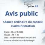 Avis public : Séance ordinaire du conseil d&rsquo;administration mardi 28 avril 2026 à 18 h 30